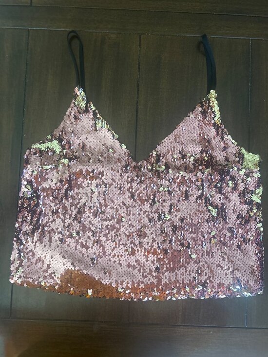 Topshop Tops - Topshop Rose Gold & Gold Flippable Sequin Crop Top Spaghetti Strap Lined